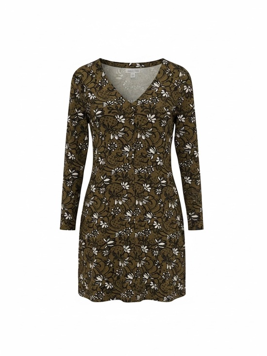 Garnet Hill Dresses & Skirts - Garnet Hill Olive Green Dark Earthy Floral V-Neck Button Down Long Sleeve Dress